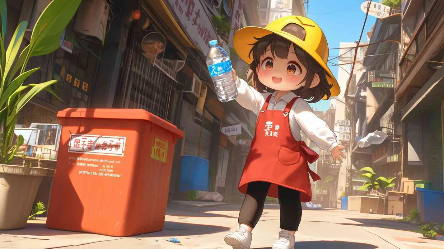 2岁中国女孩，黑色短发，双眼皮 ，黄色小圆形帽，白色长袖，红色围兜，红色围兜上印有“hare”字样，黑色休闲裤，白色鞋子，可爱，乖巧，友爱，呆萌，左手持有一个废弃的矿泉水瓶子，旁边有一个很大的垃圾箱，垃圾箱正面印有中文“保护环境”的字样  - style2部分