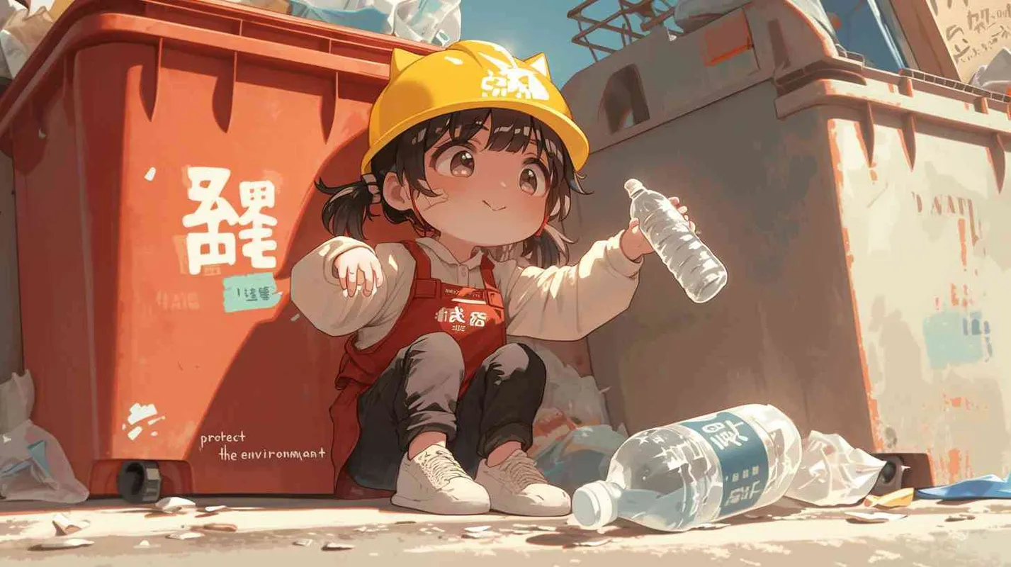 2岁中国女孩，黑色短发，双眼皮 ，黄色小圆形帽，白色长袖，红色围兜，红色围兜上印有“hare”字样，黑色休闲裤，白色鞋子，可爱，乖巧，友爱，呆萌，左手持有一个废弃的矿泉水瓶子，旁边有一个很大的垃圾箱，垃圾箱正面印有中文“保护环境”的字样  - style3部分