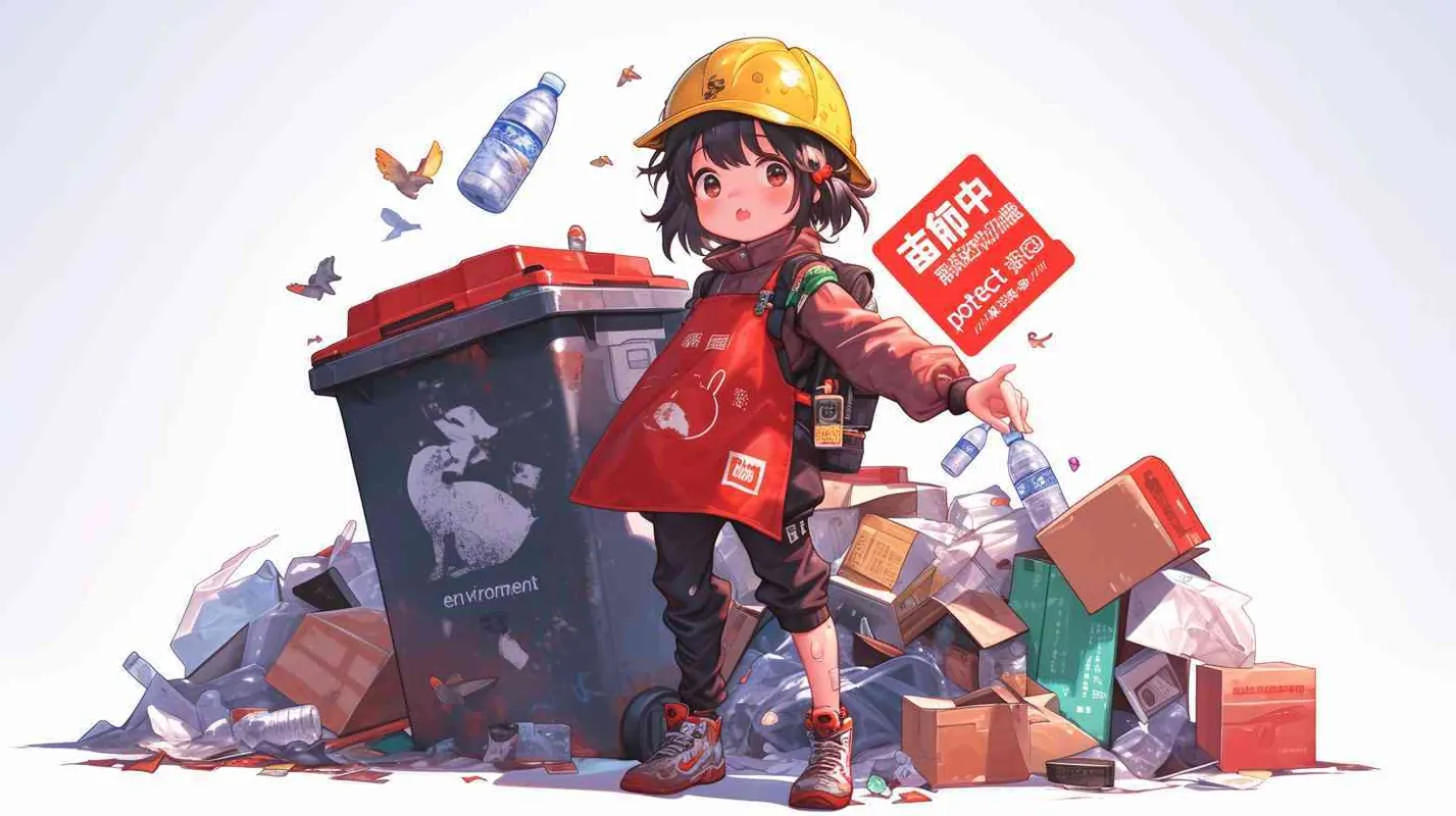 2岁中国女孩，黑色短发，双眼皮 ，黄色小圆形帽，白色长袖，红色围兜，红色围兜上印有“hare”字样，黑色休闲裤，白色鞋子，可爱，乖巧，友爱，呆萌，左手持有一个废弃的矿泉水瓶子，旁边有一个很大的垃圾箱，垃圾箱正面印有中文“保护环境”的字样  - style4部分