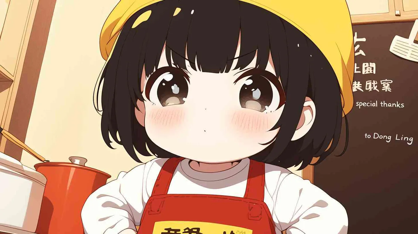 2岁中国女孩，黑色短发，双眼皮 ，黄色小圆形帽，白色长袖，红色围兜，红色围兜上印有“hare”字样，黑色长裤，黑色休闲裤，白色鞋子，可爱，乖巧，友爱，呆萌。旁边一个小黑板，黑板上写有“特别感谢冬玲” - style3部分