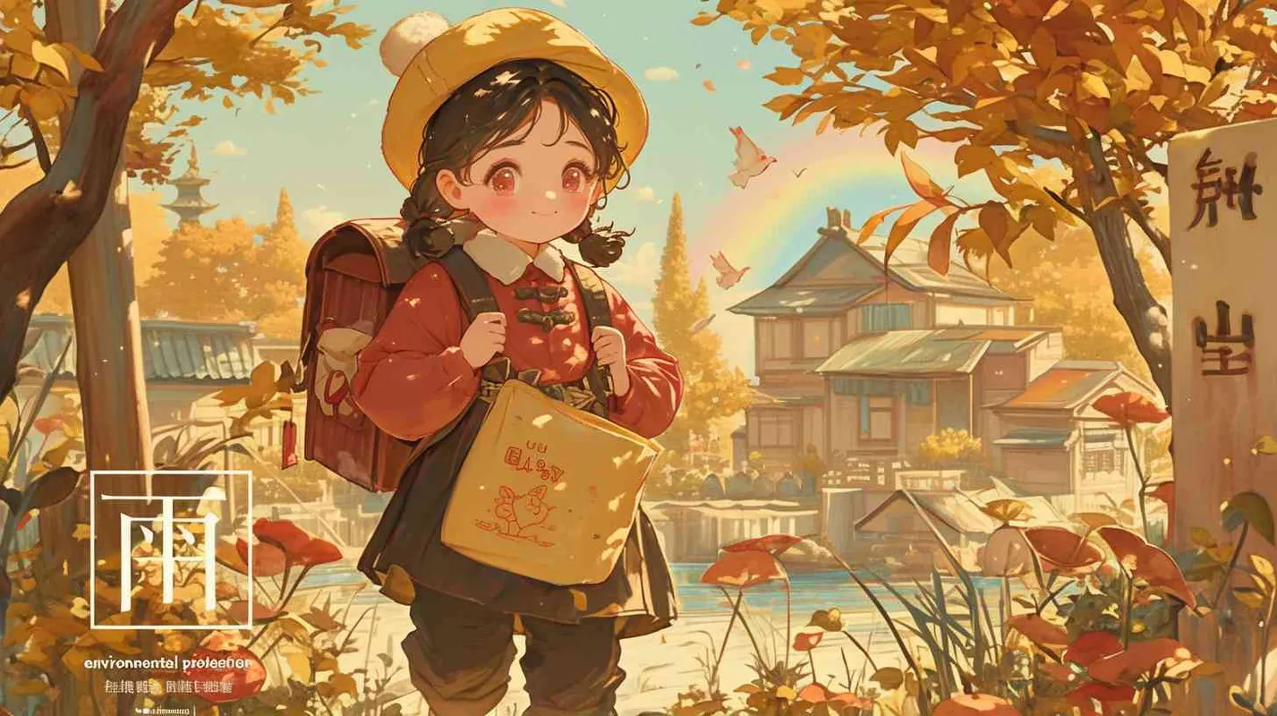 2岁中国女孩，黑色短发，双眼皮 ，黄色小圆形帽，白色长袖，红色围兜，红色围兜上印有“hare”字样，黑色长裤，黑色休闲裤，白色鞋子，可爱，乖巧，友爱，呆萌，左手挎一个环保包，包上有中文“环保”字样，干净、清澈的河流，彩虹，梦幻森林 - style1部分