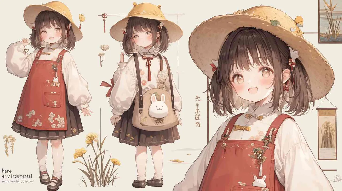 2岁中国女孩，黑色短发，双眼皮 ，黄色小圆形帽，白色长袖，红色围兜，红色围兜上印有“hare”字样，黑色长裤，黑色休闲裤，白色鞋子，可爱，乖巧，友爱，呆萌，左手挎一个环保包，包上有中文“环保”字样，干净、清澈的河流，彩虹，梦幻森林 - style4部分