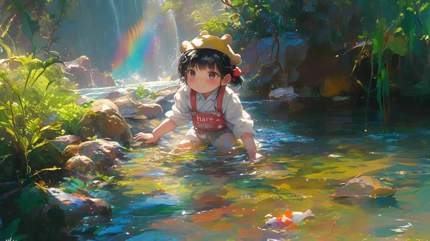 2岁中国女孩，黑色短发，双眼皮 ，黄色小圆形帽，白色长袖，红色围兜，红色围兜上印有“hare”字样，黑色长裤，黑色休闲裤，白色鞋子，可爱，乖巧，友爱，呆萌，干净、清澈的河流，彩虹，梦幻森林 - style1部分