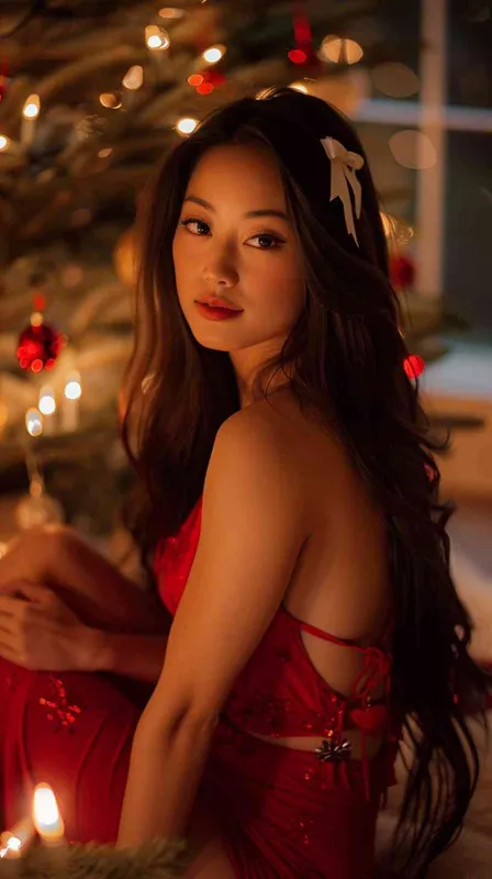 a beautiful asian women with long hair and a bow in her hair sitting in front of a christmas tree with a christmas card, wearing red chest-length dresses,facing the camera, beautiful,soft candle light,knees up ,velvet,relaxed,dslr,bedroom,long shot(ls),best quality - style1部分