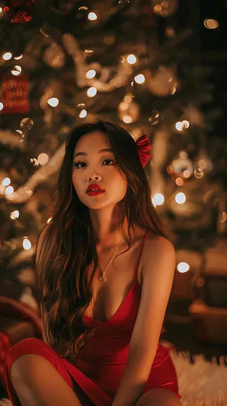a beautiful asian women with long hair and a bow in her hair sitting in front of a christmas tree with a christmas card, wearing red chest-length dresses,facing the camera, beautiful,soft candle light,knees up ,velvet,relaxed,dslr,bedroom,long shot(ls),best quality - style2部分