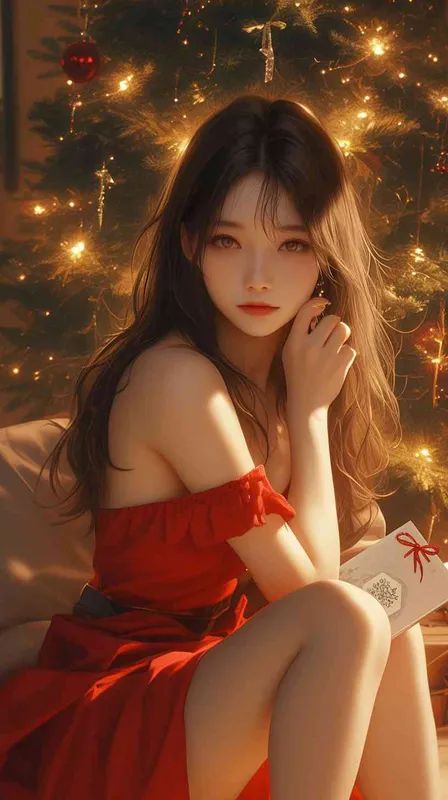 a beautiful asian women with long hair and a bow in her hair sitting in front of a christmas tree with a christmas card, wearing red chest-length dresses,facing the camera, beautiful,soft candle light,knees up ,velvet,relaxed,dslr,bedroom,long shot(ls),best quality  - style1部分