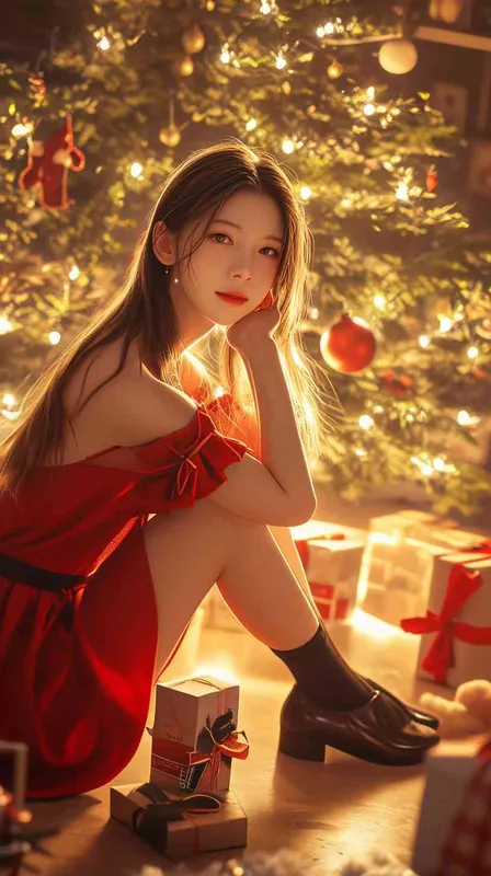 a beautiful asian women with long hair and a bow in her hair sitting in front of a christmas tree with a christmas card, wearing red chest-length dresses,facing the camera, beautiful,soft candle light,knees up ,velvet,relaxed,dslr,bedroom,long shot(ls),best quality  - style2部分