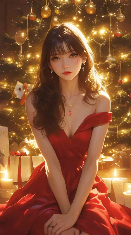 a beautiful asian women with long hair and a bow in her hair sitting in front of a christmas tree with a christmas card, wearing red chest-length dresses,facing the camera, beautiful,soft candle light,knees up ,velvet,relaxed,dslr,bedroom,long shot(ls),best quality  - style3部分
