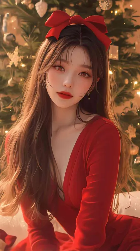 a beautiful asian women with long hair and a bow in her hair sitting in front of a christmas tree with a christmas card, wearing red chest-length dresses,facing the camera, beautiful,soft candle light,knees up ,velvet,relaxed,dslr,bedroom,long shot(ls),best quality  - style4部分