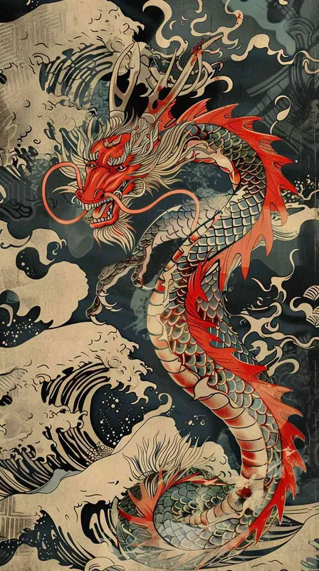 中国东方龙设计，独特的yokai插画，印度尼西亚艺术，图腾，波浪线，强烈对比，潮流，运动 – AI绘画作品展示 | Midjourney中文版生成