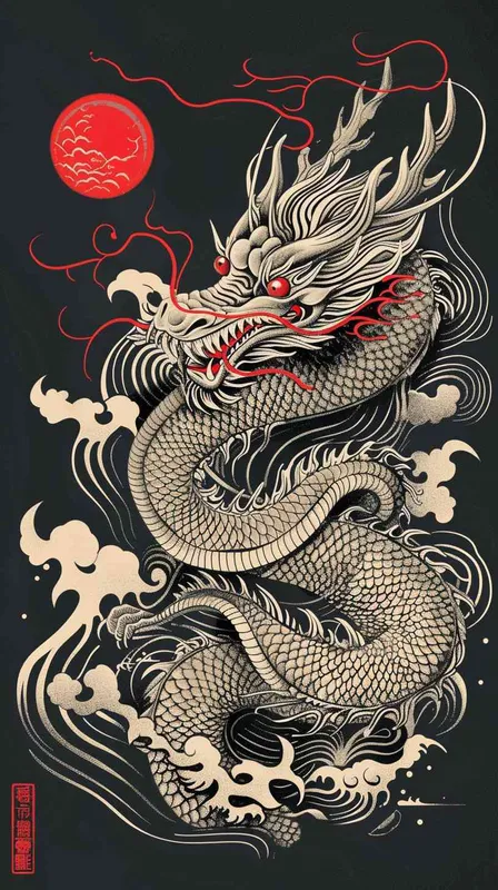 中国东方龙设计，独特的yokai插画，印度尼西亚艺术，图腾，波浪线，强烈对比，潮流，运动 - style2部分