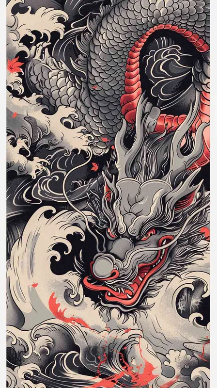 中国东方龙设计，独特的yokai插画，印度尼西亚艺术，图腾，波浪线，强烈对比，潮流，运动 - style3部分