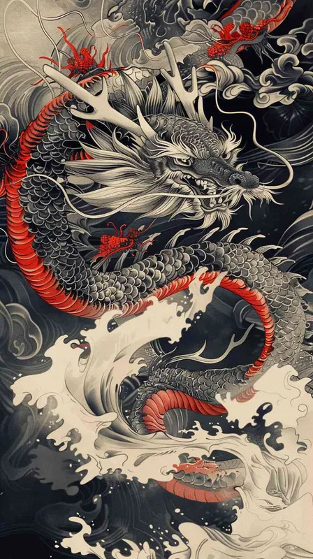 中国东方龙设计，独特的yokai插画，印度尼西亚艺术，图腾，波浪线，强烈对比，潮流，运动 - style4部分