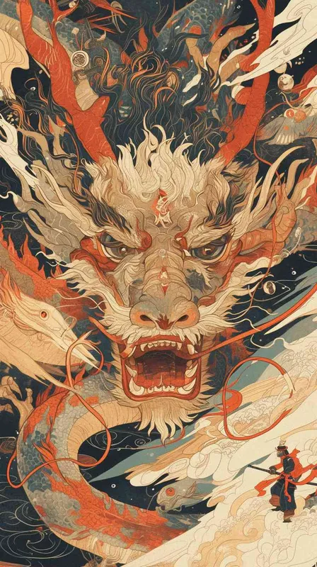 Chinese Eastern Dragon design, unique Yokai illustrations, Indonesian art, totem, wave lines, strong contrast, sports,Trendy culture - style1部分