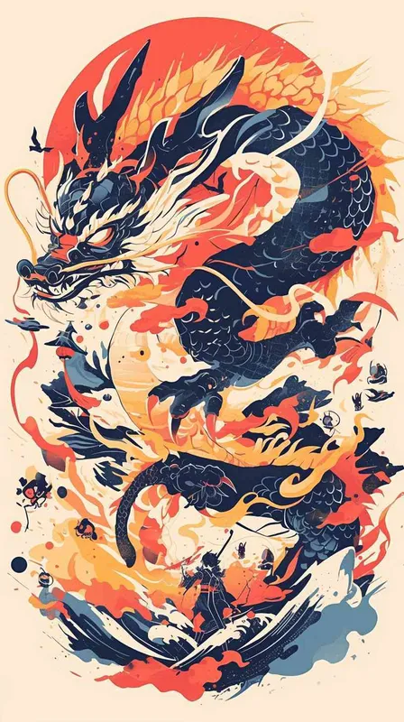 Chinese Eastern Dragon design, unique Yokai illustrations, Indonesian art, totem, wave lines, strong contrast, sports,Trendy culture - style2部分