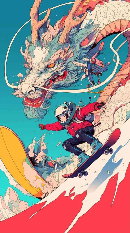 中国龙，滑板，冲浪，潜水，滑雪，运动风格，线条，插画 - style1部分