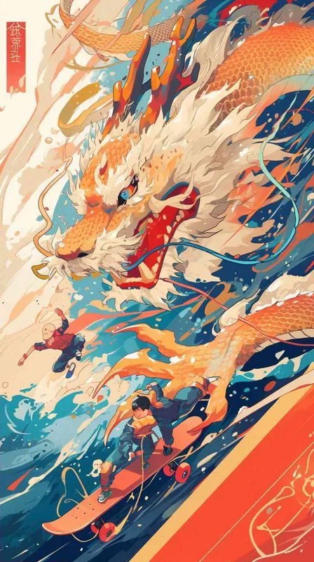 中国龙，滑板，冲浪，潜水，滑雪，运动风格，线条，插画 - style2部分
