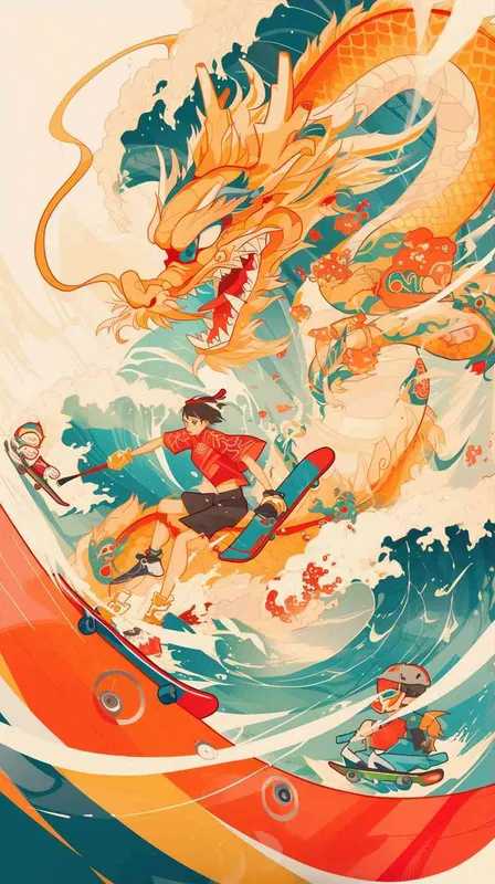 中国龙，滑板，冲浪，潜水，滑雪，运动风格，线条，插画 - style3部分