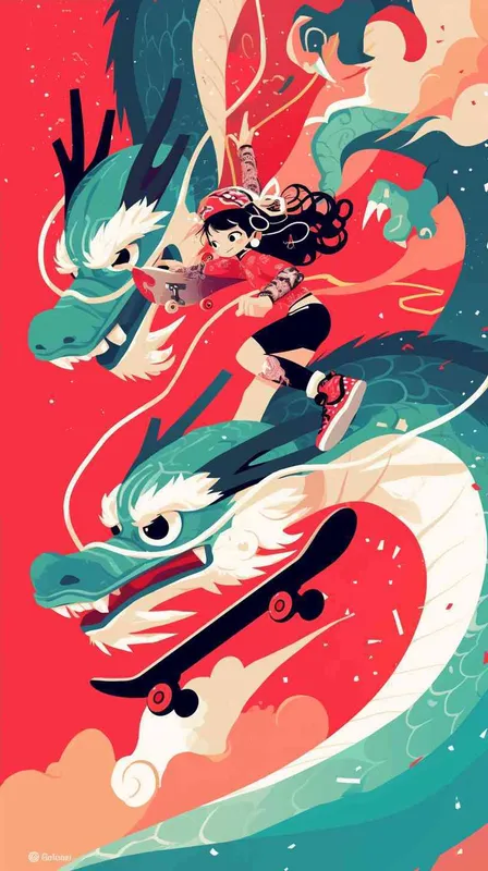 中国龙，滑板，冲浪，潜水，滑雪，运动风格，线条，插画 - style4部分