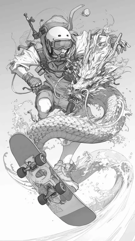 中国龙，滑板，冲浪，潜水，滑雪，运动风格，线条，插画 - style2部分