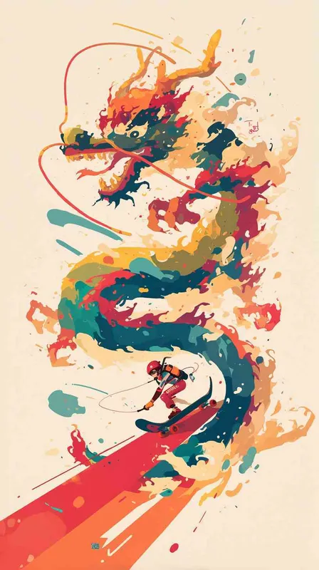 中国龙，滑板，冲浪，潜水，滑雪，运动风格，线条，插画 - style3部分