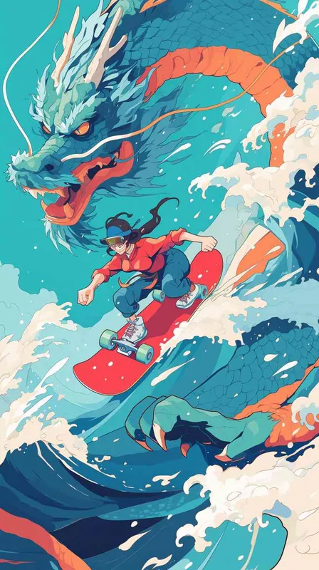中国龙，滑板，冲浪，潜水，滑雪，运动风格，线条，插画 - style4部分