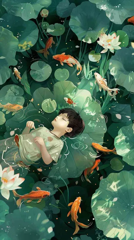 A modern Chinese boy with short hair is lying on a huge lotus leaf surrounded by goldfish and lotusflowers. The main color tone is green with contrasting colors. This is an abstract and surrealistic illustration with a clear background and obvious outlines. Edge light and fantasy tones are used to create a dappled light effect. This is an 8K high-definition flat illustration --ar 9:16 - style1部分