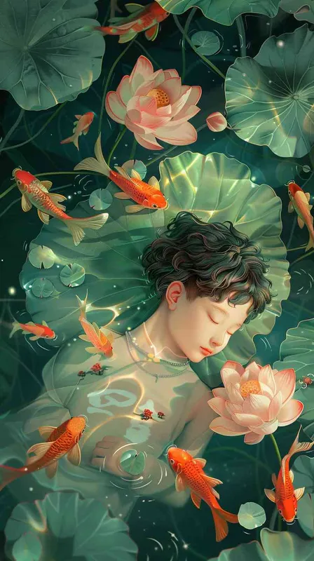 A modern Chinese boy with short hair is lying on a huge lotus leaf surrounded by goldfish and lotusflowers. The main color tone is green with contrasting colors. This is an abstract and surrealistic illustration with a clear background and obvious outlines. Edge light and fantasy tones are used to create a dappled light effect. This is an 8K high-definition flat illustration --ar 9:16 - style2部分