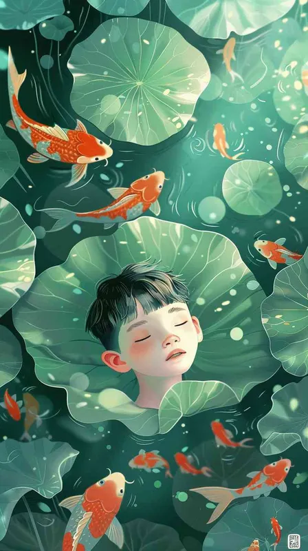 A modern Chinese boy with short hair is lying on a huge lotus leaf surrounded by goldfish and lotusflowers. The main color tone is green with contrasting colors. This is an abstract and surrealistic illustration with a clear background and obvious outlines. Edge light and fantasy tones are used to create a dappled light effect. This is an 8K high-definition flat illustration --ar 9:16 - style3部分