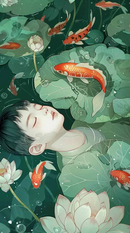 A modern Chinese boy with short hair is lying on a huge lotus leaf surrounded by goldfish and lotusflowers. The main color tone is green with contrasting colors. This is an abstract and surrealistic illustration with a clear background and obvious outlines. Edge light and fantasy tones are used to create a dappled light effect. This is an 8K high-definition flat illustration --ar 9:16 - style4部分