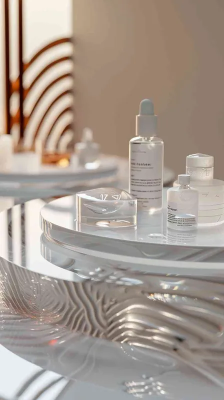 A circular, white platform with pristine lighting surrounds a luxurious set of skincare products. The reflection of the products on the platform creates an otherworldly aura. The camera zooms in to reveal the intricate details of each product. The mood is one of indulgence and self-care, in the style of high fashion photography. The colors are vibrant and luscious, with a focus on the natural hues of the products. The textures are smooth and silky, evoking a sense of luxury and elegance. Render engine: Unreal Engine 5 - style1部分