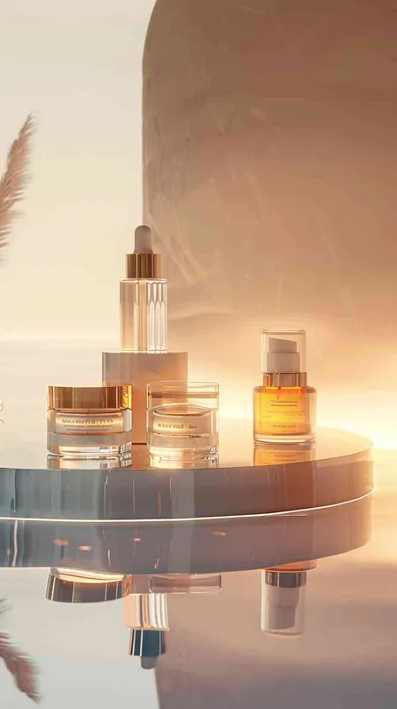 A circular, white platform with pristine lighting surrounds a luxurious set of skincare products. The reflection of the products on the platform creates an otherworldly aura. The camera zooms in to reveal the intricate details of each product. The mood is one of indulgence and self-care, in the style of high fashion photography. The colors are vibrant and luscious, with a focus on the natural hues of the products. The textures are smooth and silky, evoking a sense of luxury and elegance. Render engine: Unreal Engine 5 - style2部分