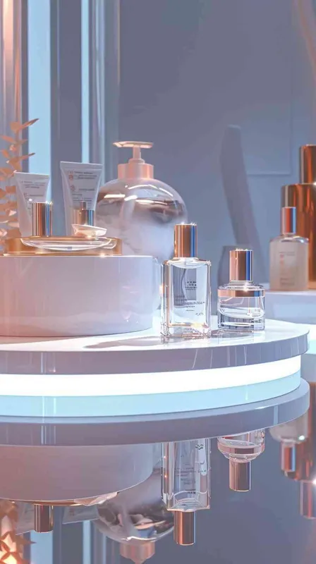 A circular, white platform with pristine lighting surrounds a luxurious set of skincare products. The reflection of the products on the platform creates an otherworldly aura. The camera zooms in to reveal the intricate details of each product. The mood is one of indulgence and self-care, in the style of high fashion photography. The colors are vibrant and luscious, with a focus on the natural hues of the products. The textures are smooth and silky, evoking a sense of luxury and elegance. Render engine: Unreal Engine 5 - style4部分