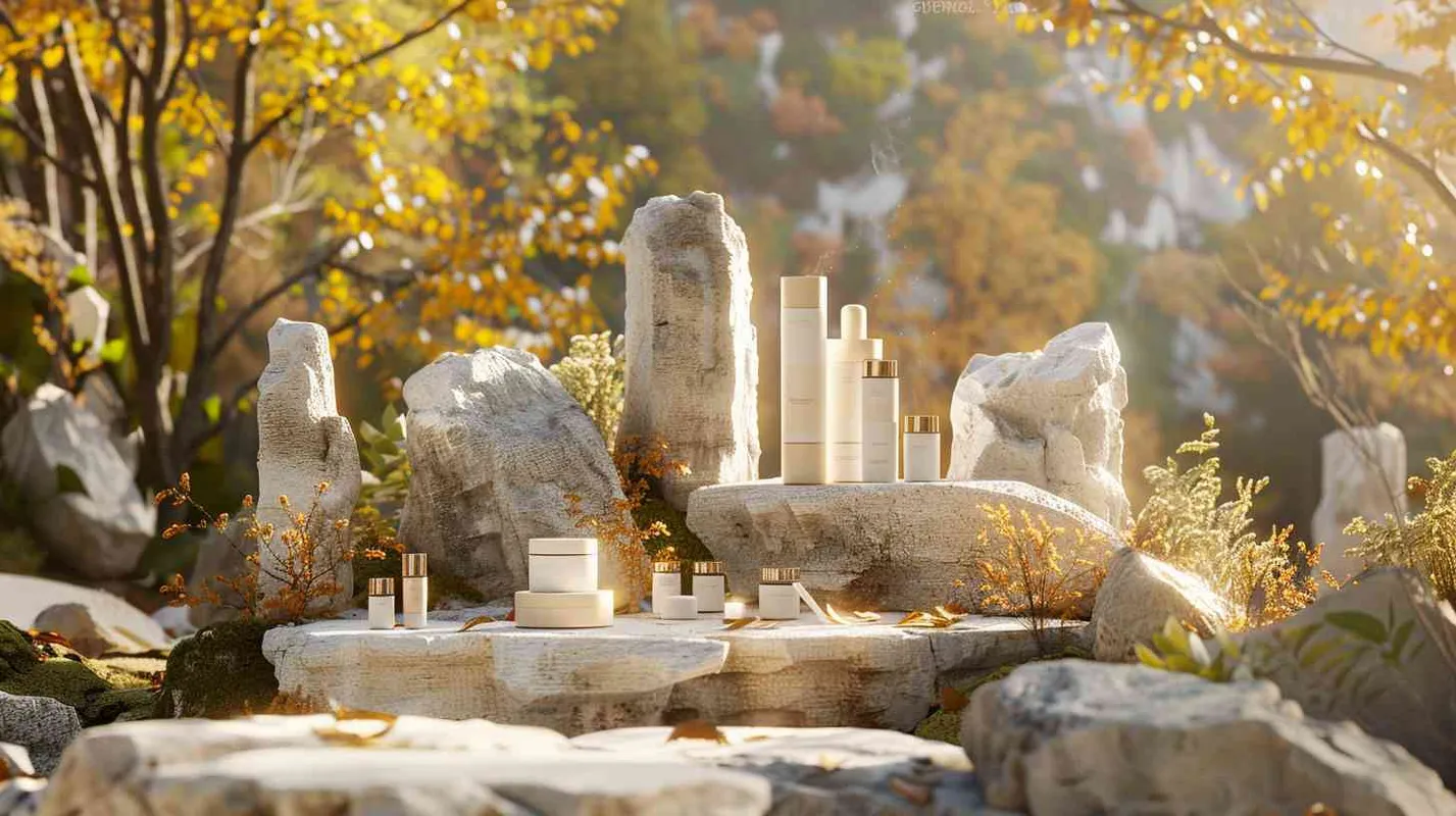 A white skincare set surrounded by nature with forest and stones, display stand is placed in a natural scenery surrounding by forests and rocks, warm tones, forming an obvious visual contrast with the surrounding natural scenery.Sunlightdappling the skincare products - style1部分