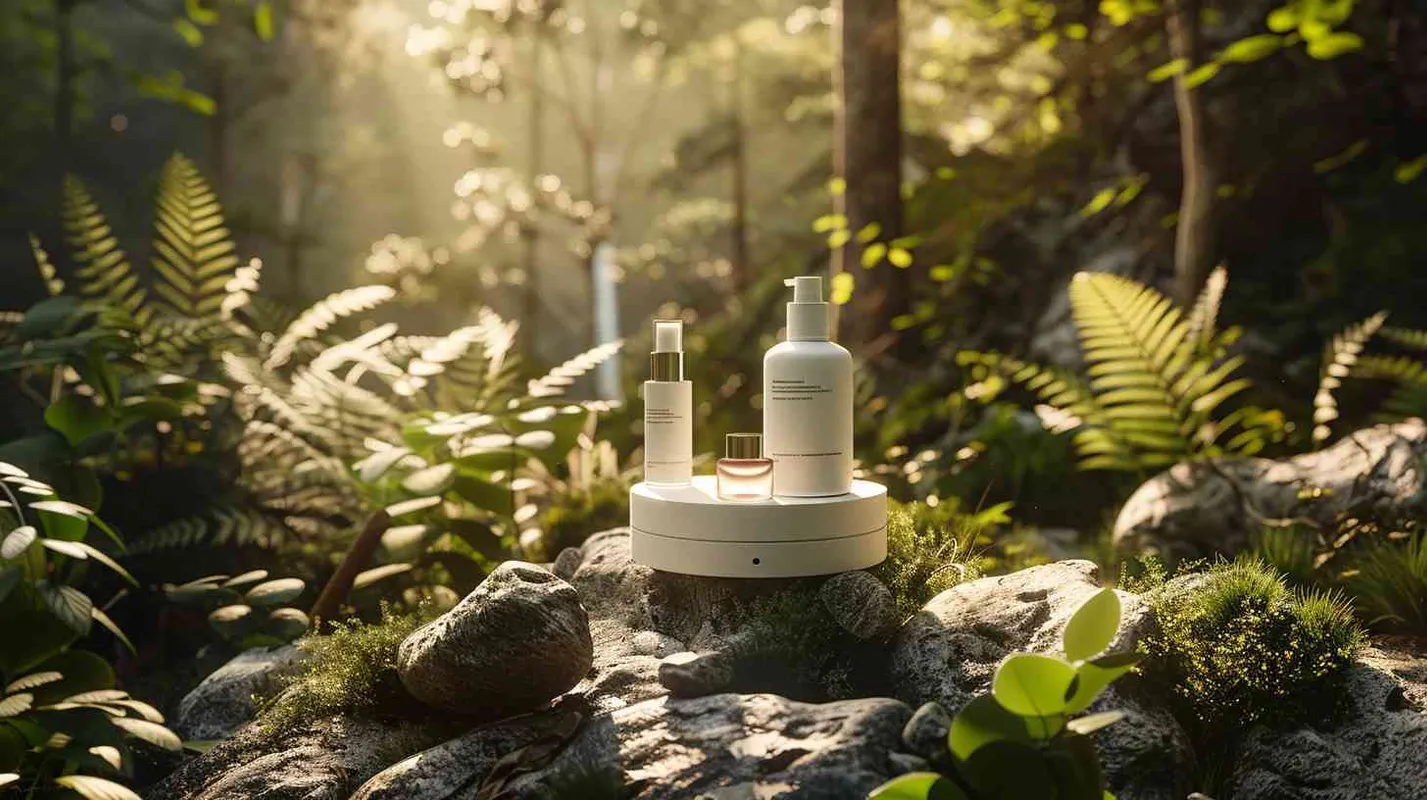 A white skincare set surrounded by nature with forest and stones, display stand is placed in a natural scenery surrounding by forests and rocks, warm tones, forming an obvious visual contrast with the surrounding natural scenery.Sunlightdappling the skincare products - style2部分