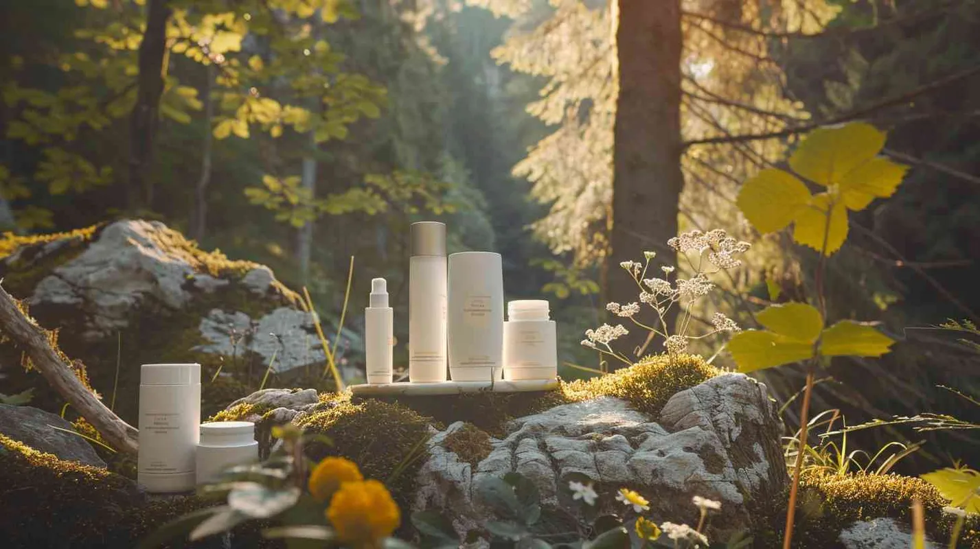 A white skincare set surrounded by nature with forest and stones, display stand is placed in a natural scenery surrounding by forests and rocks, warm tones, forming an obvious visual contrast with the surrounding natural scenery.Sunlightdappling the skincare products - style3部分