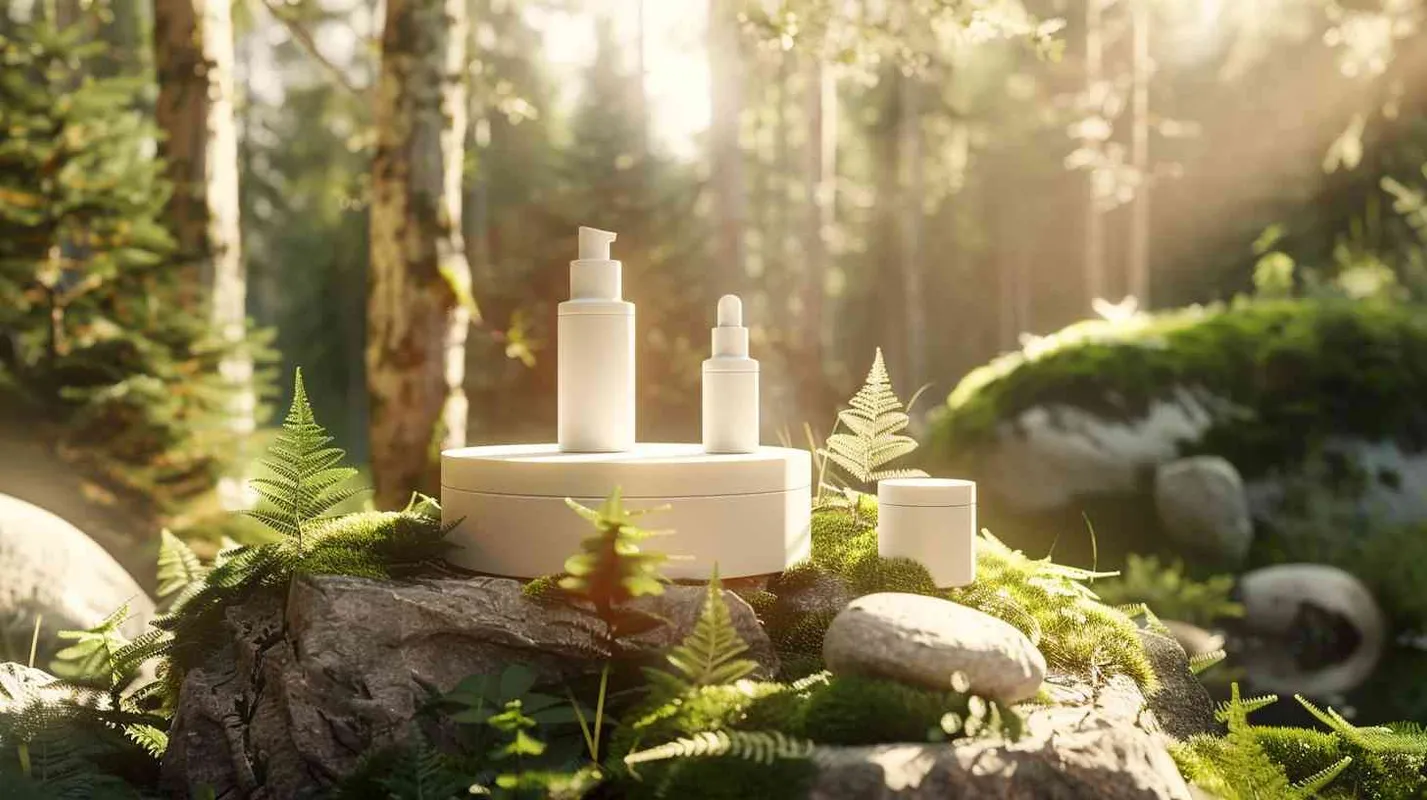 A white skincare set surrounded by nature with forest and stones, display stand is placed in a natural scenery surrounding by forests and rocks, warm tones, forming an obvious visual contrast with the surrounding natural scenery.Sunlightdappling the skincare products - style4部分