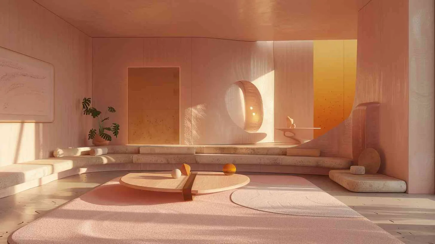 a room that has an interesting design, in the style of light pink and amber, minimalist line art, eco-friendly 
craftsmanship, hyper-realistic representation, bauhaus-inspired designs, Norwegian naturalistic representation, 
ultra detailed, Photorealistic, 16K, unreal engine  - style1部分