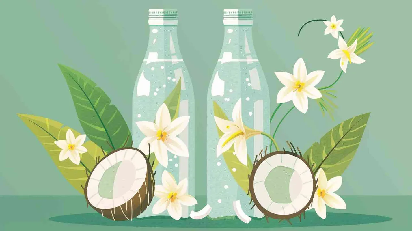 Design a coconut water beverage glass bottle packaging with a minimalist style, tropical feel, and refreshing sensation that showcases the clear and natural hue of coconut water. Flat design, Vector illustration, Simplicity, flat cartoon, Hoyao Miyazaki style, Two-dimensional – AI绘画作品展示 | Midjourney中文版生成