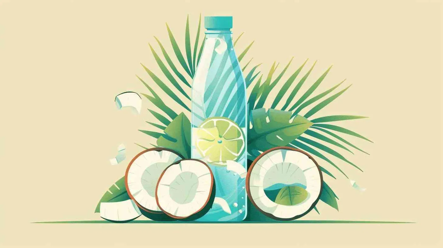 Design a coconut water beverage glass bottle packaging with a minimalist style, tropical feel, and refreshing sensation that showcases the clear and natural hue of coconut water. Flat design, Vector illustration, Simplicity, flat cartoon, Hoyao Miyazaki style, Two-dimensional - style2部分