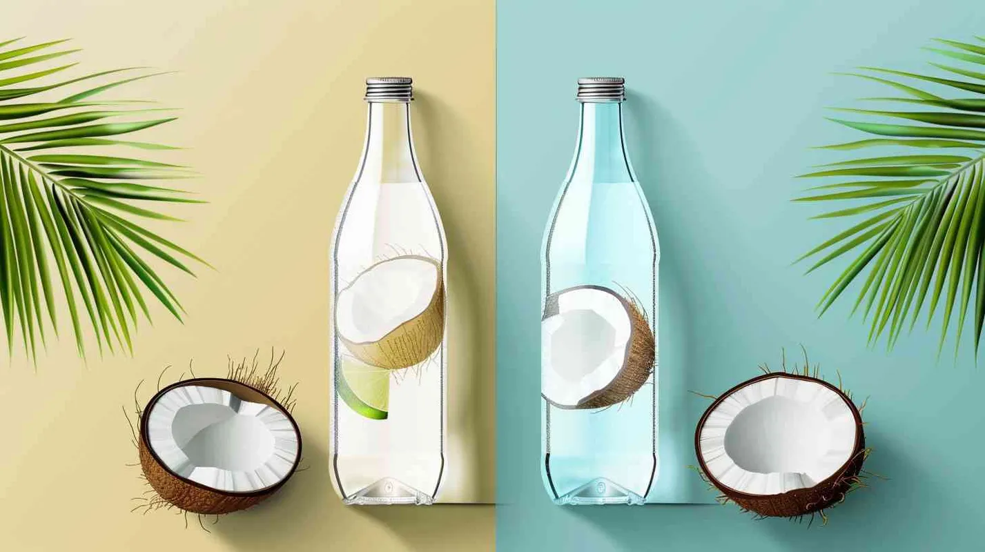 Design a coconut water beverage glass bottle packaging with a minimalist style, tropical feel, and refreshing sensation that showcases the clear and natural hue of coconut water. Flat design, Vector illustration, Simplicity, flat cartoon, Hoyao Miyazaki style, Two-dimensional - style3部分