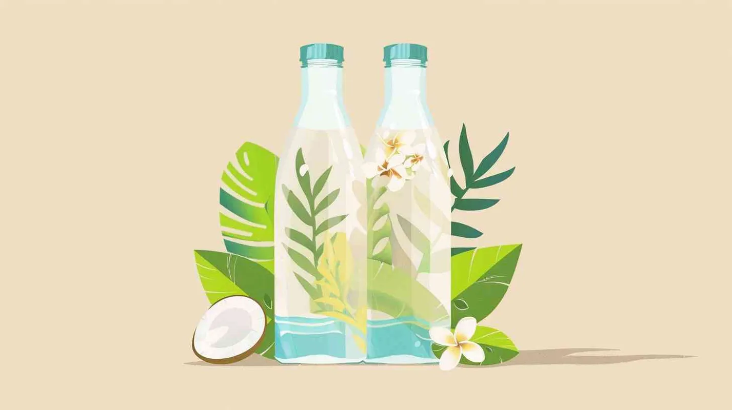 Design a coconut water beverage glass bottle packaging with a minimalist style, tropical feel, and refreshing sensation that showcases the clear and natural hue of coconut water. Flat design, Vector illustration, Simplicity, flat cartoon, Hoyao Miyazaki style, Two-dimensional - style4部分