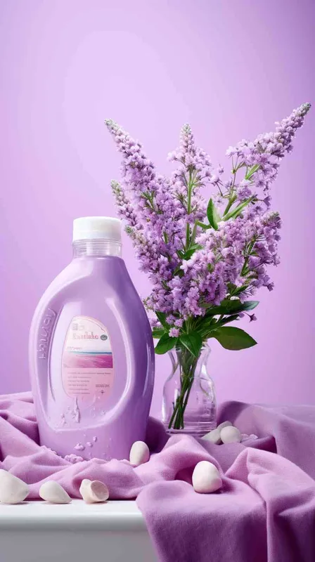 Light purple laundry detergent, bathroom, clothes, towels, flowers, product photography, commercial photography, 12 noon, Bright light, High detail - AI绘画作品展示 | Midjourney中文版生成