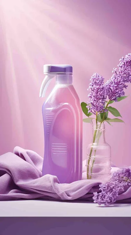 Light purple laundry detergent, bathroom, clothes, towels, flowers, product photography, commercial photography, 12 noon, Bright light, High detail - AI绘画作品展示 | Midjourney中文版生成