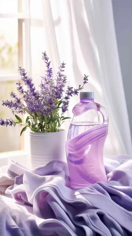 Light purple laundry detergent, bathroom, clothes, towels, flowers, product photography, commercial photography, 12 noon, Bright light, High detail - AI绘画作品展示 | Midjourney中文版生成
