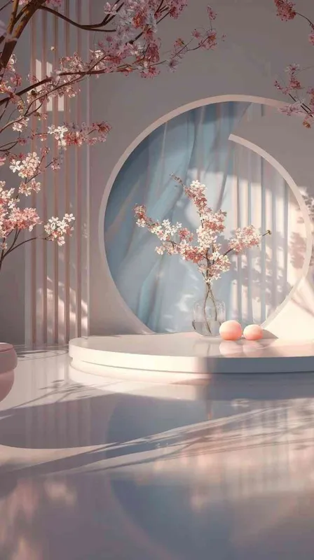 Empty stage design, commerce products, Has an elegant ambiance with flowers and circular apertures, minimalist background, environment, Octane Render  - style2部分