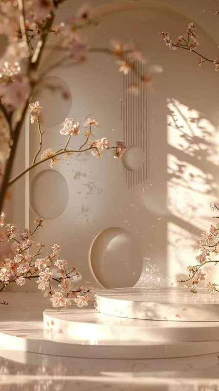Empty stage design, commerce products, Has an elegant ambiance with flowers and circular apertures, minimalist background, environment, Octane Render  – AI绘画作品展示 | Midjourney中文版生成