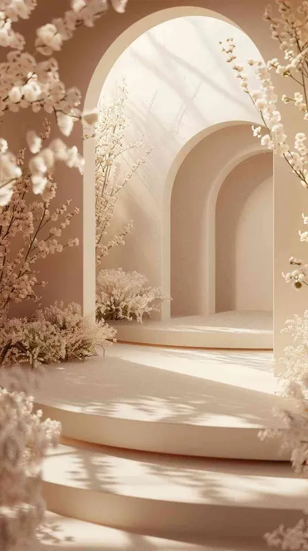Empty stage design, commerce products, Has an elegant ambiance with flowers and circular apertures, minimalist background, environment, Octane Render  - style2部分