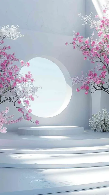 Empty stage design, commerce products, Has an elegant ambiance with flowers and circular apertures, minimalist background, environment, Octane Render  - style3部分