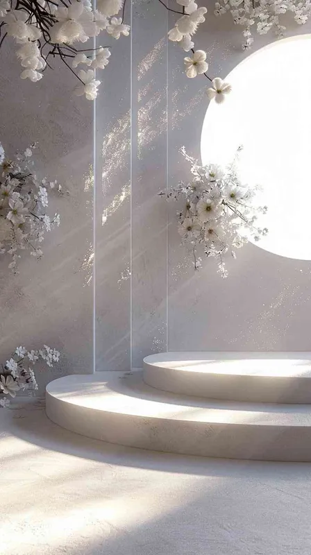 Empty stage design, commerce products, Has an elegant ambiance with flowers and circular apertures, minimalist background, environment, Octane Render  - style4部分